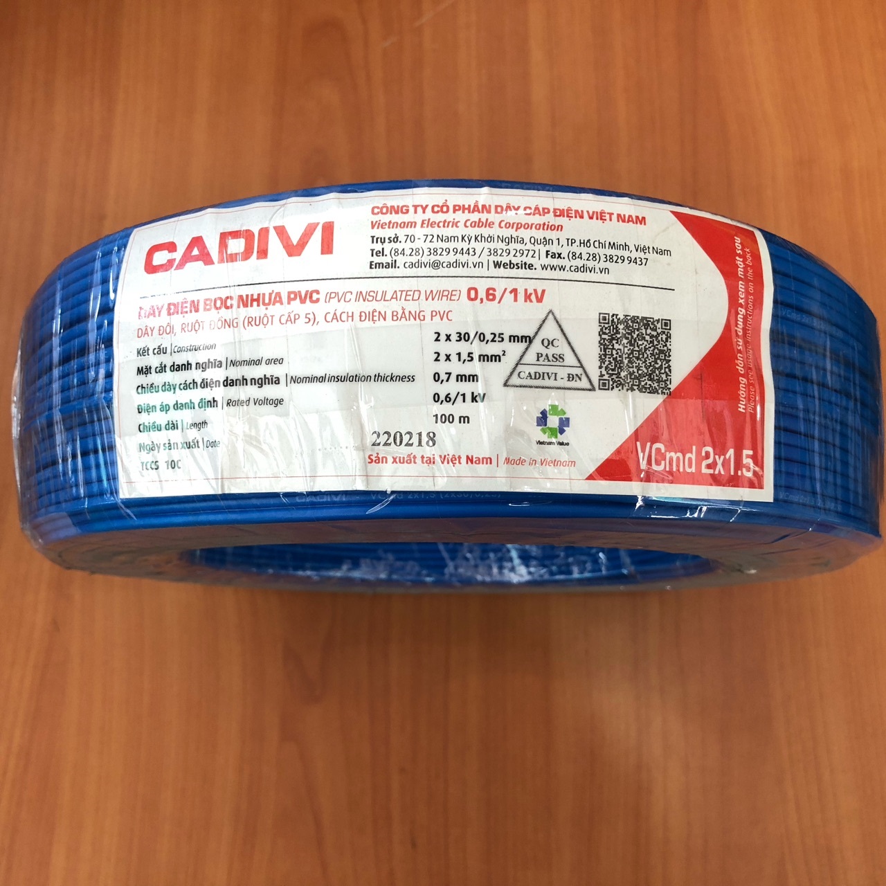Dây cáp điện đôi mềm (dây dẹp) Vcmd Cadivi 2x1.5 màu xanh, ruột đồng bọc nhựa PVC, cuộn 100 mét, giá tính theo mét